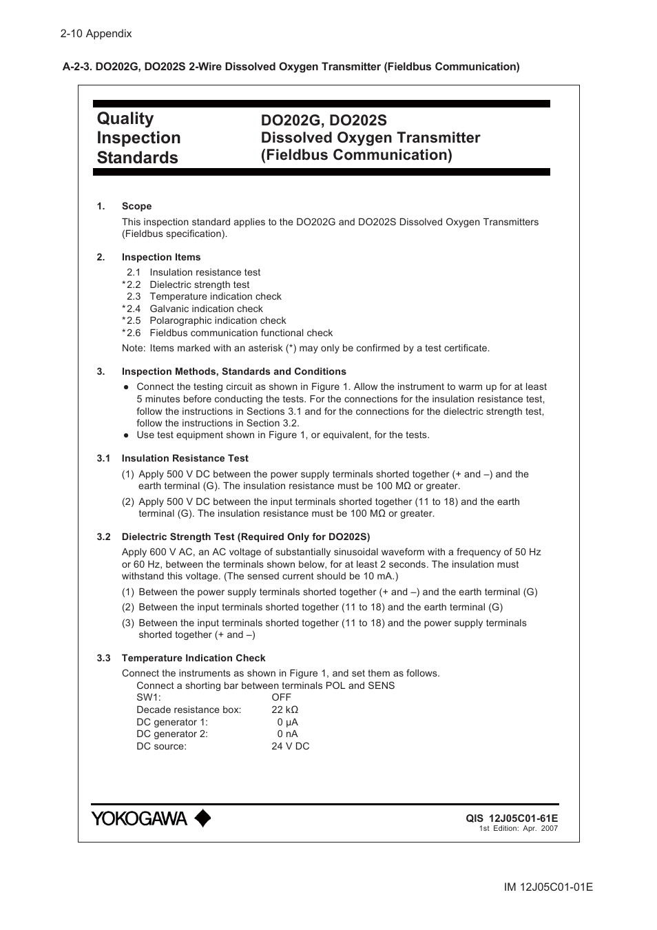 Quality inspection standards | Yokogawa DO202 2-Wire Dissolved Oxygen Analyzer User Manual | Page 75 / 90