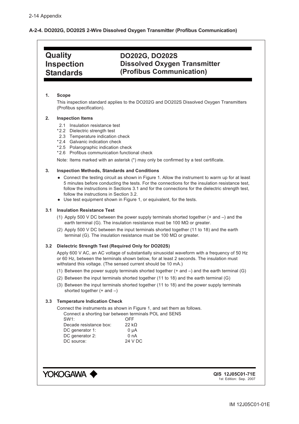 Quality inspection standards | Yokogawa DO202 2-Wire Dissolved Oxygen Analyzer User Manual | Page 79 / 90