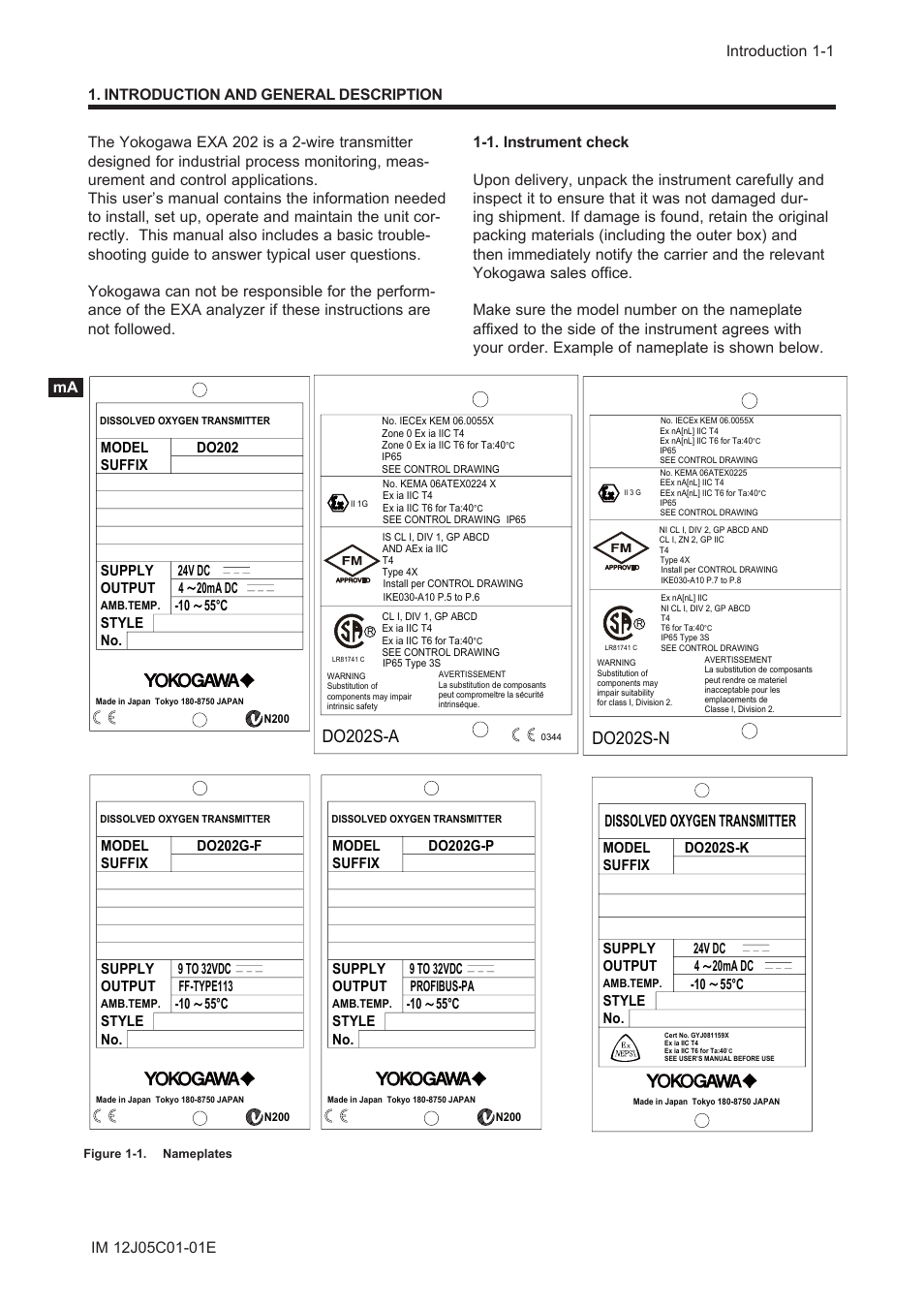 Introduction and general description, 1. instrument check, Do202s-a | Do202s-n, Dissolved oxygen transmitter | Yokogawa DO202 2-Wire Dissolved Oxygen Analyzer User Manual | Page 8 / 90