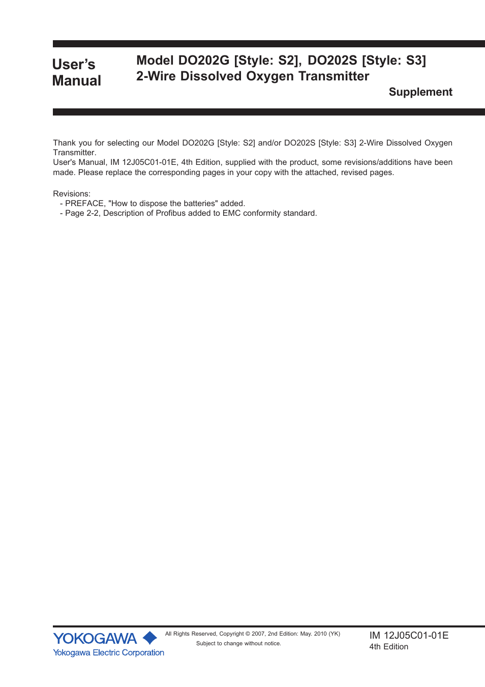 Supplement, User’s manual, Model do202g [style: s2 | Yokogawa DO202 2-Wire Dissolved Oxygen Analyzer User Manual | Page 88 / 90