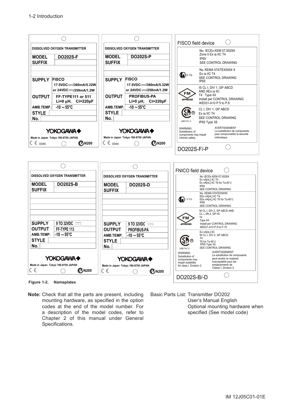 Do202s-f/-p, Do202s-b/-d, Fisco field device | Fnico field device, Model suffix supply output, No. 9 to 32vdc | Yokogawa DO202 2-Wire Dissolved Oxygen Analyzer User Manual | Page 9 / 90