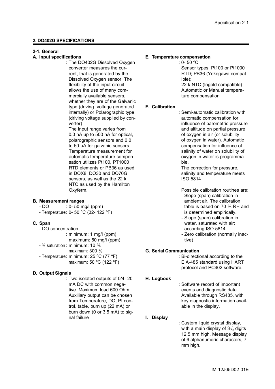 Do402g specifications, 1. general, Do402g specifications -1 | 1. general -1 | Yokogawa DO402 Dissolved Oxygen Analyzer User Manual | Page 17 / 98