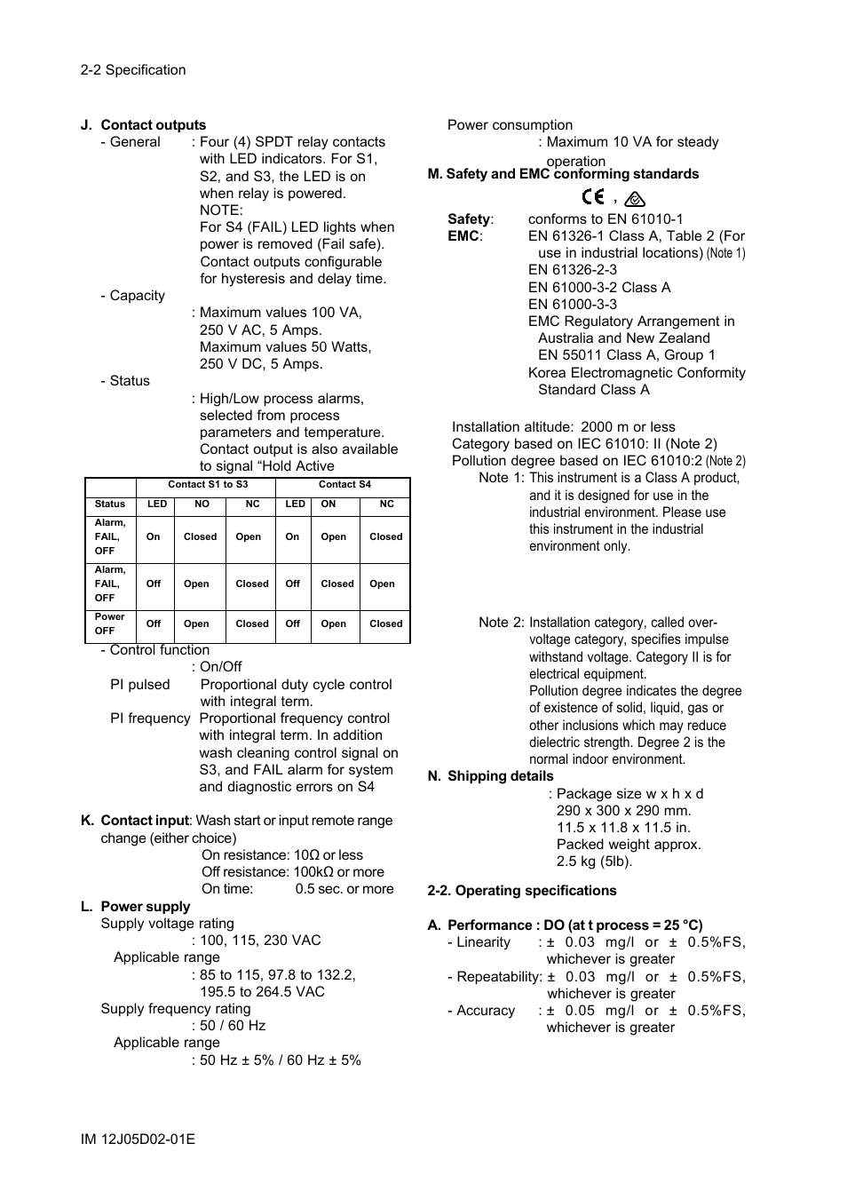 2. operating specifications, 2. operating specifications -2 | Yokogawa DO402 Dissolved Oxygen Analyzer User Manual | Page 18 / 98