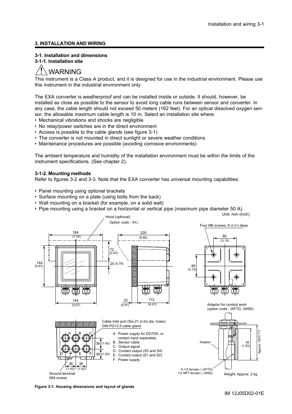 Installation and wiring, 1. installation and dimensions, 1-1. installation site | 1-2. mounting methods, Installation and wiring -1, 1. installation and dimensions -1, 1-1. installation site -1, 1-2. mounting methods -1, Warning | Yokogawa DO402 Dissolved Oxygen Analyzer User Manual | Page 21 / 98
