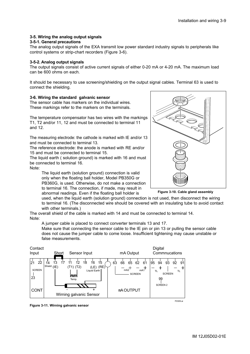 5. wiring the analog output signals, 5-1. general precautions, 5-2. analog output signals | 6. wiring the standard galvanic sensor, 5. wiring the analog output signals -9, 5-1. general precautions -9, 5-2. analog output signals -9, 6. wiring the standard galvanic sensor -9 | Yokogawa DO402 Dissolved Oxygen Analyzer User Manual | Page 29 / 98