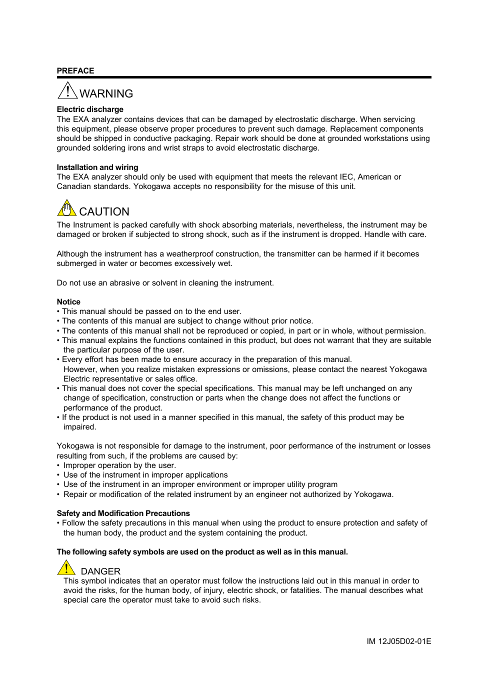 Preface, Caution, Warning | Yokogawa DO402 Dissolved Oxygen Analyzer User Manual | Page 3 / 98