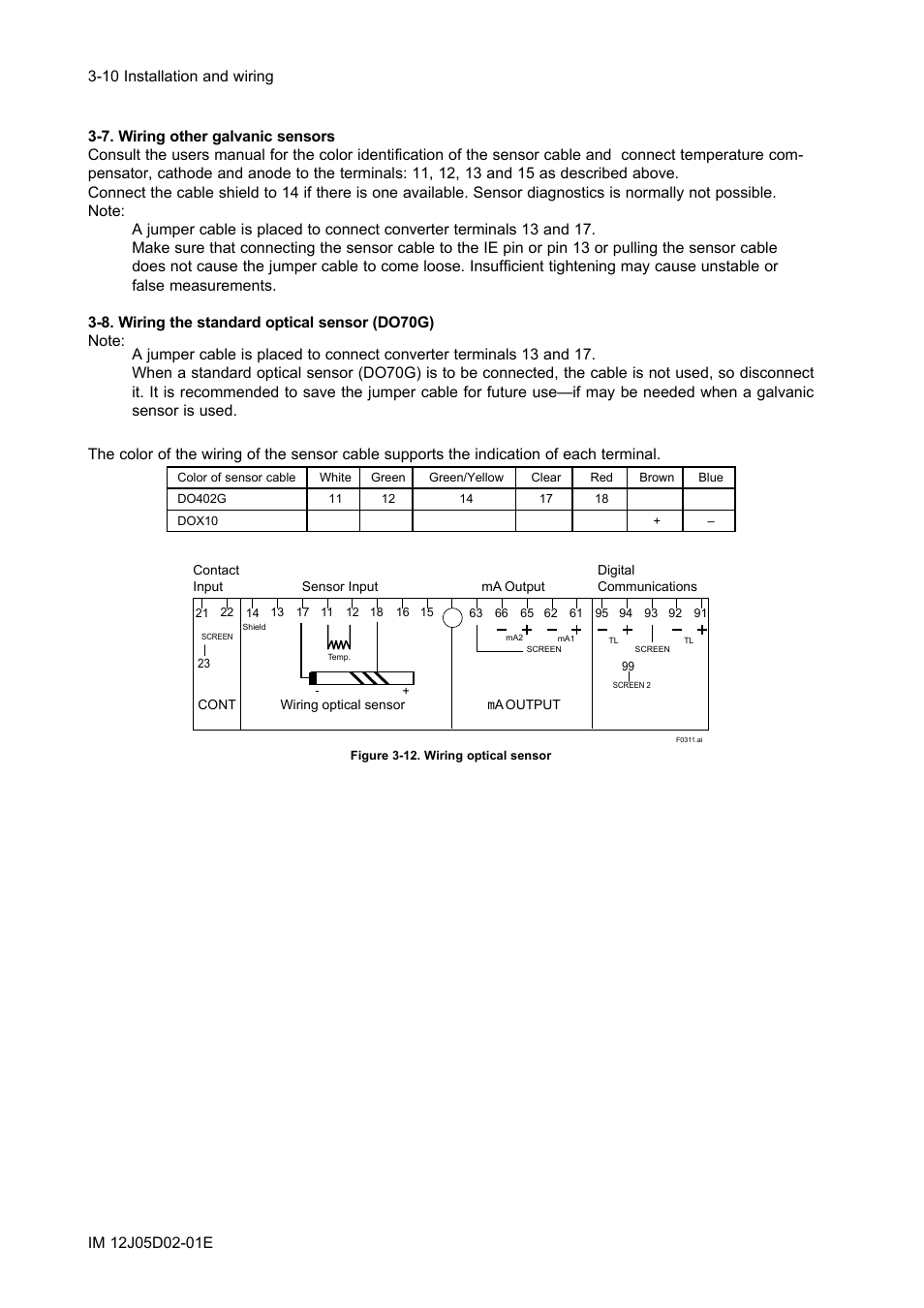 7. wiring other galvanic sensors, 8. wiring the standard optical sensor (do70g), 7. wiring other galvanic sensors -10 | 8. wiring the standard optical sensor (do70g) -10 | Yokogawa DO402 Dissolved Oxygen Analyzer User Manual | Page 30 / 98