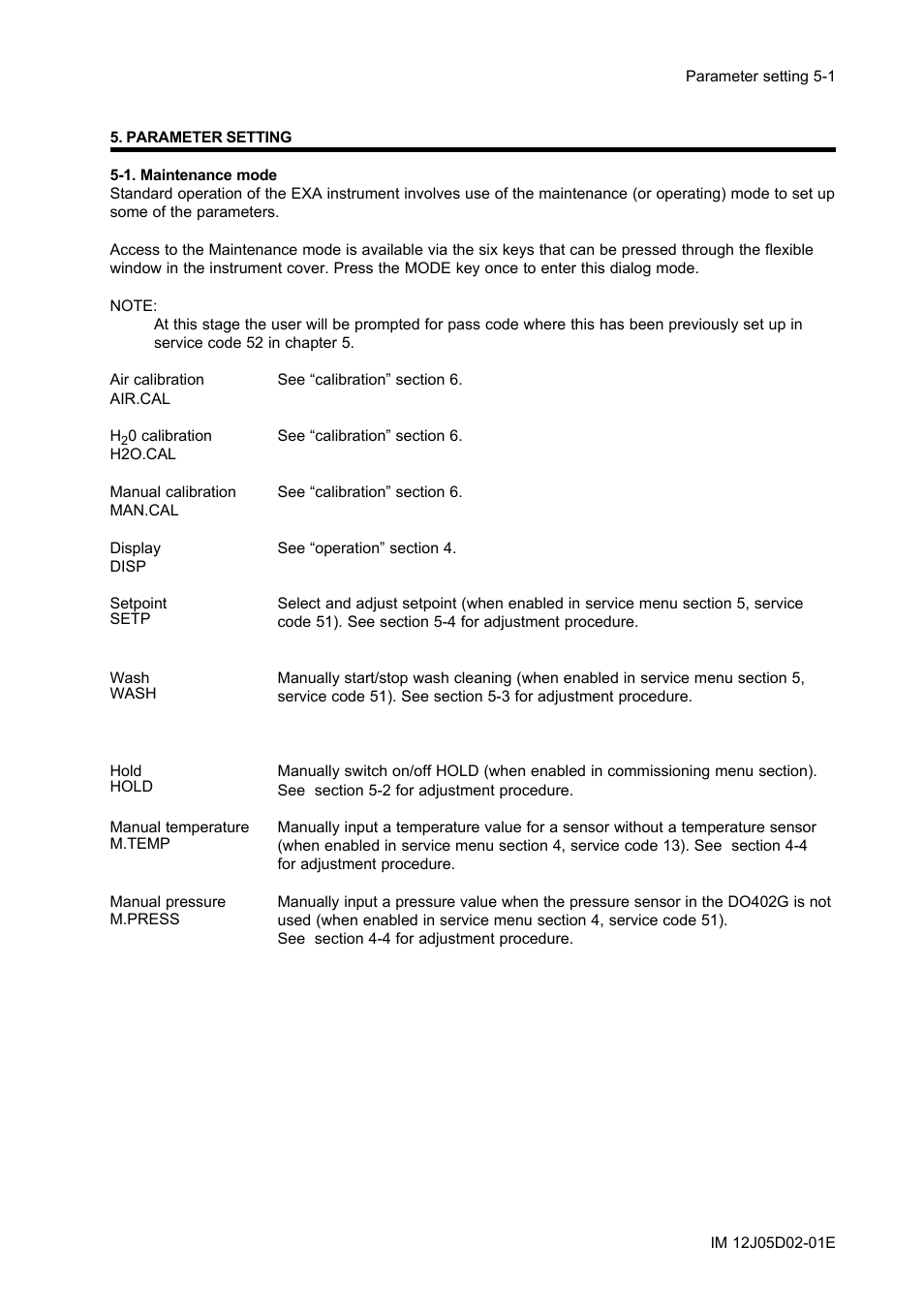 Parameter setting, 1. maintenance mode, Parameter setting -1 | 1. maintenance mode -1 | Yokogawa DO402 Dissolved Oxygen Analyzer User Manual | Page 37 / 98