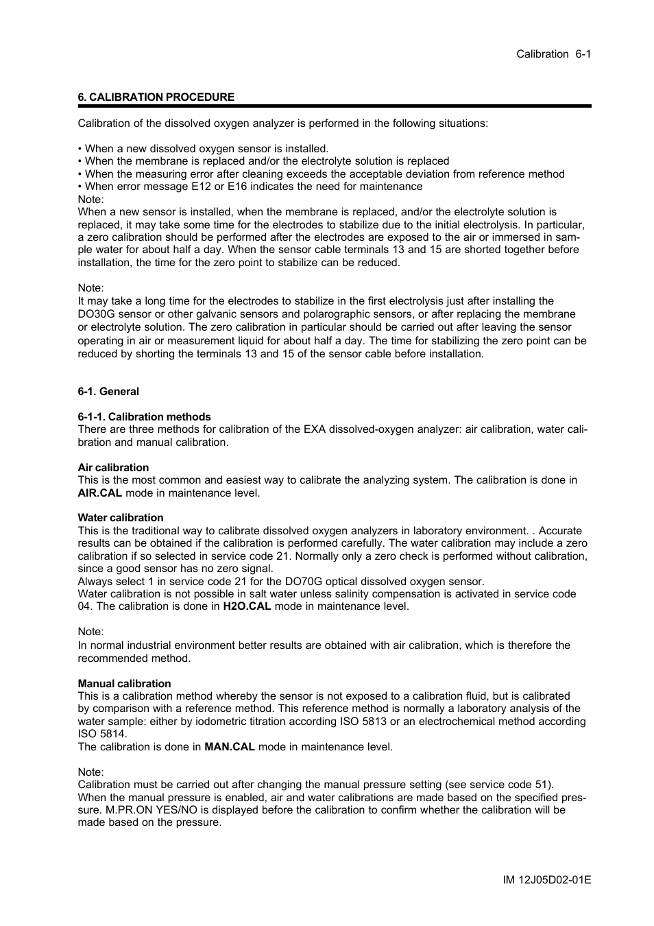 Calibration procedure, 1. general, 1-1. calibration methods | Calibration procedure -1, 1. general -1, 1-1. calibration methods -1 | Yokogawa DO402 Dissolved Oxygen Analyzer User Manual | Page 67 / 98