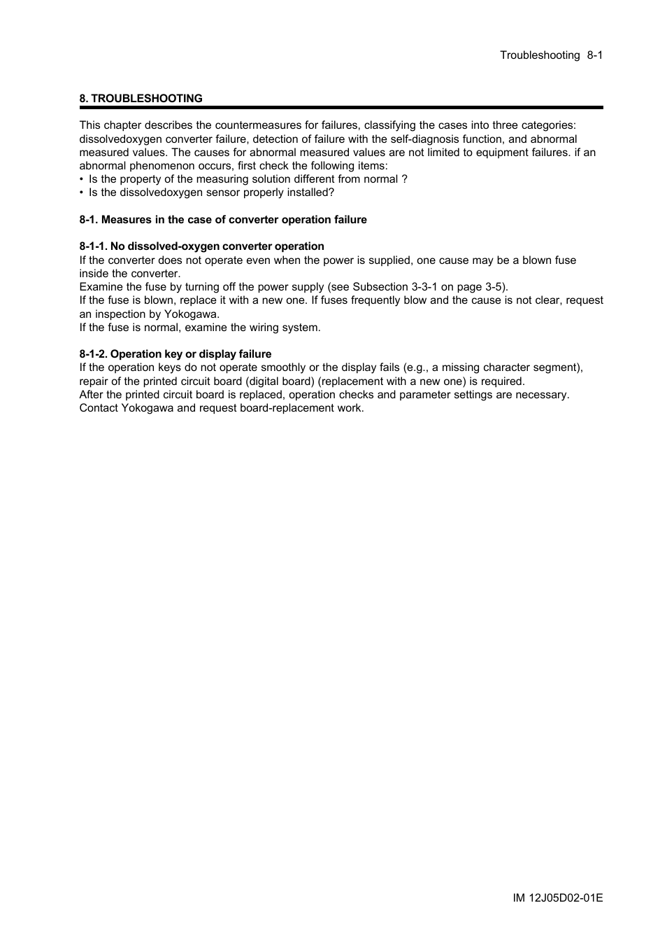 Troubleshooting, 1-1. no dissolved-oxygen converter operation, 1-2. operation key or display failure | Troubleshooting -1, 1-1. no dissolved-oxygen converter operation -1, 1-2. operation key or display failure -1 | Yokogawa DO402 Dissolved Oxygen Analyzer User Manual | Page 79 / 98