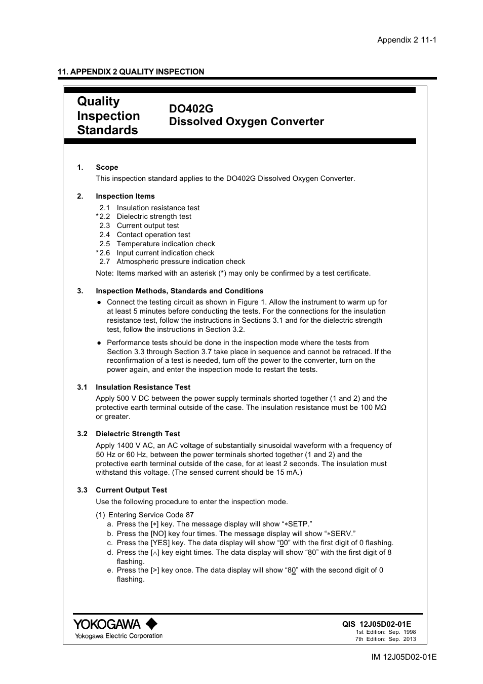 Appendix 2 quality inspection, Quality inspection standards, Do402g dissolved oxygen converter | Yokogawa DO402 Dissolved Oxygen Analyzer User Manual | Page 89 / 98