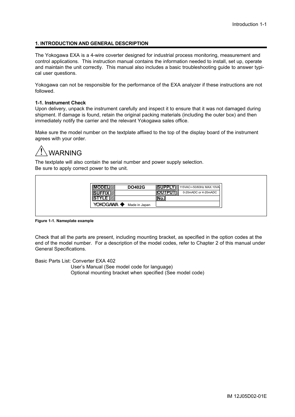Introduction and general description, 1. instrument check, Introduction and general description -1 | 1. instrument check -1, Warning | Yokogawa DO402 Dissolved Oxygen Analyzer User Manual | Page 9 / 98