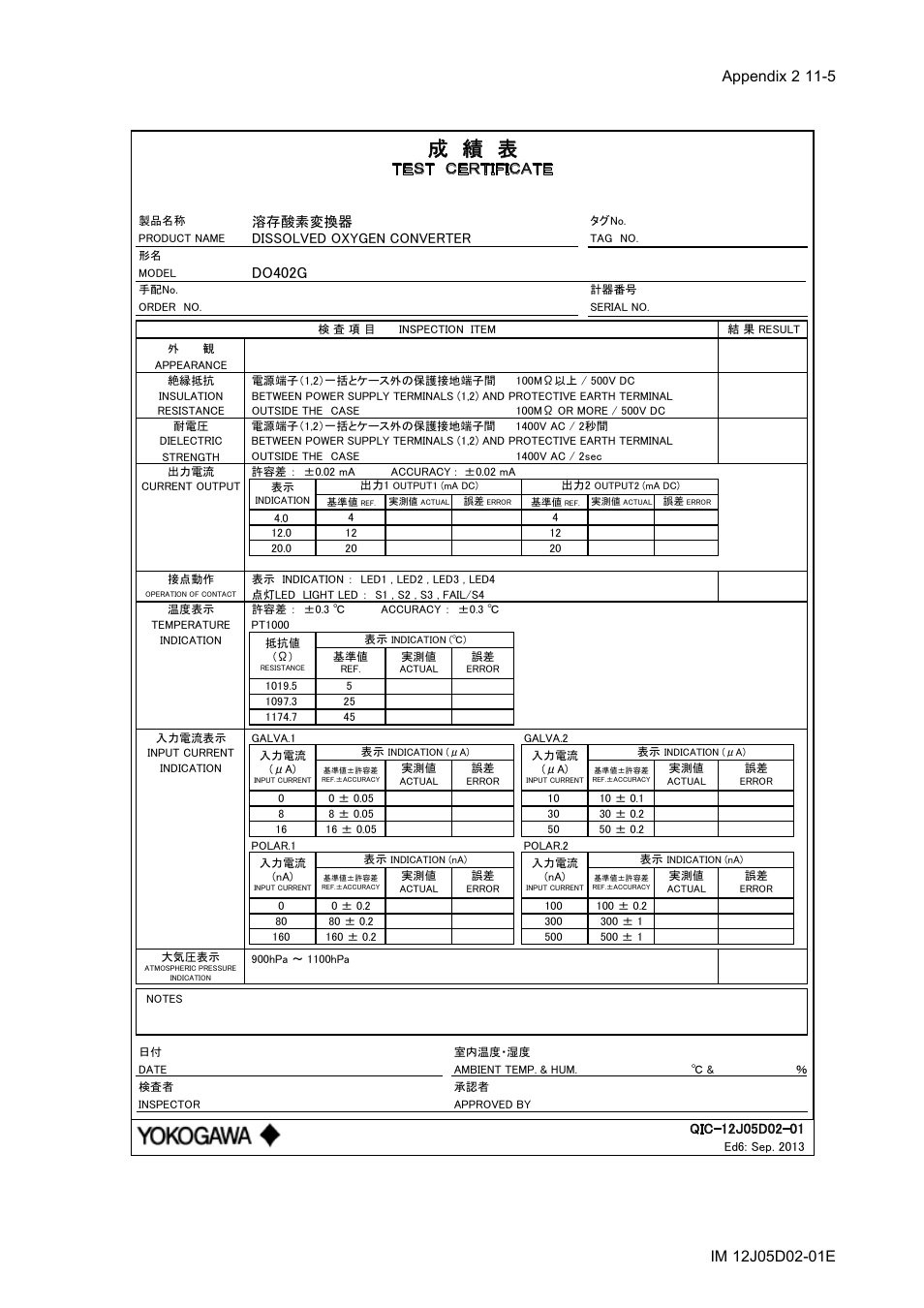 成 績 表, Do402g, Ｔｅｓｔ ｃｅｒｔｉｆｉｃａｔｅ | Yokogawa DO402 Dissolved Oxygen Analyzer User Manual | Page 93 / 98