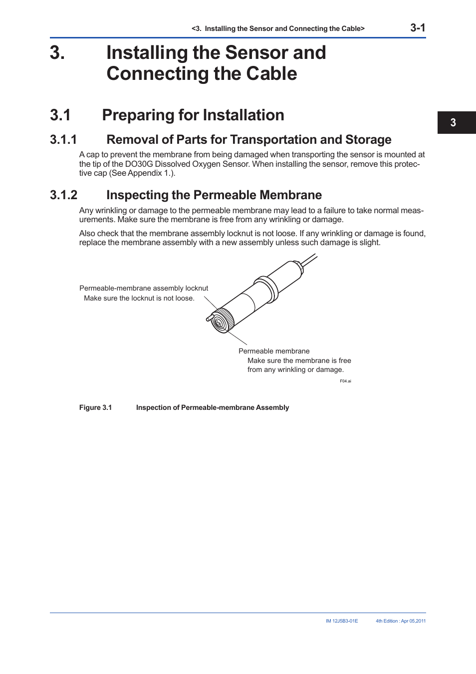 2 installation, 1 selecting the measurement point, 2 selecting the sensor holder | Installing the sensor and connecting the cable, 1 preparing for installation, 1 removal of parts for transportation and storage, 2 inspecting the permeable membrane | Yokogawa DO30G Dissolved Oxygen Sensor User Manual | Page 14 / 29
