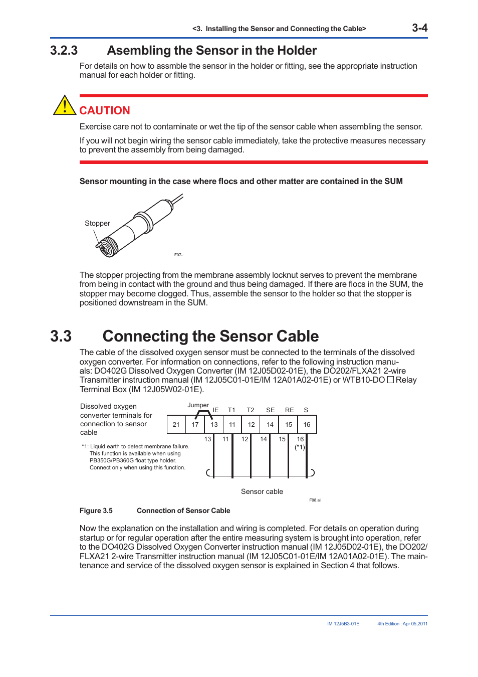 Maintenance, 1 routine inspection, 2 checking of membrane assembly locknut | 3 connecting the sensor cable, 3 asembling the sensor in the holder, Caution | Yokogawa DO30G Dissolved Oxygen Sensor User Manual | Page 17 / 29