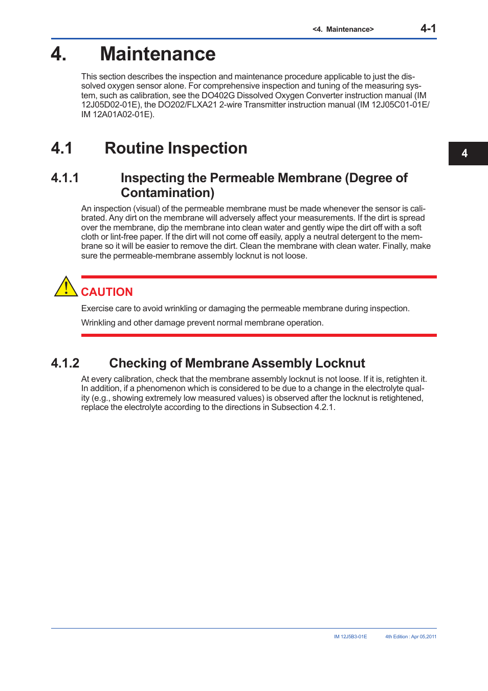 2 inspection if failure occurs, Maintenance, 1 routine inspection | 2 checking of membrane assembly locknut | Yokogawa DO30G Dissolved Oxygen Sensor User Manual | Page 18 / 29