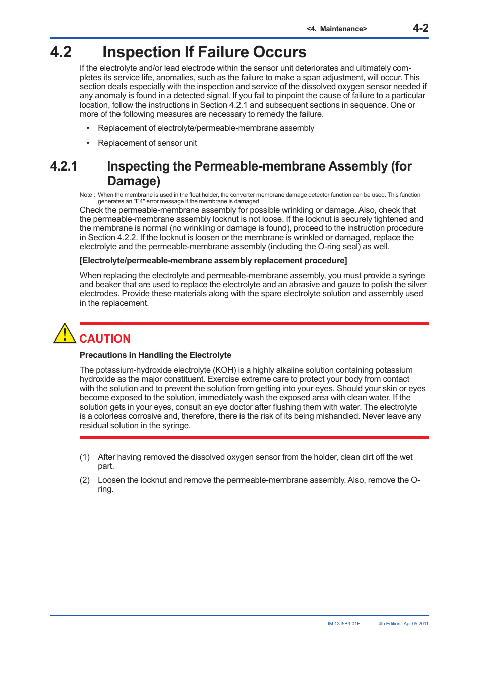 2 inspection if failure occurs, Caution | Yokogawa DO30G Dissolved Oxygen Sensor User Manual | Page 19 / 29