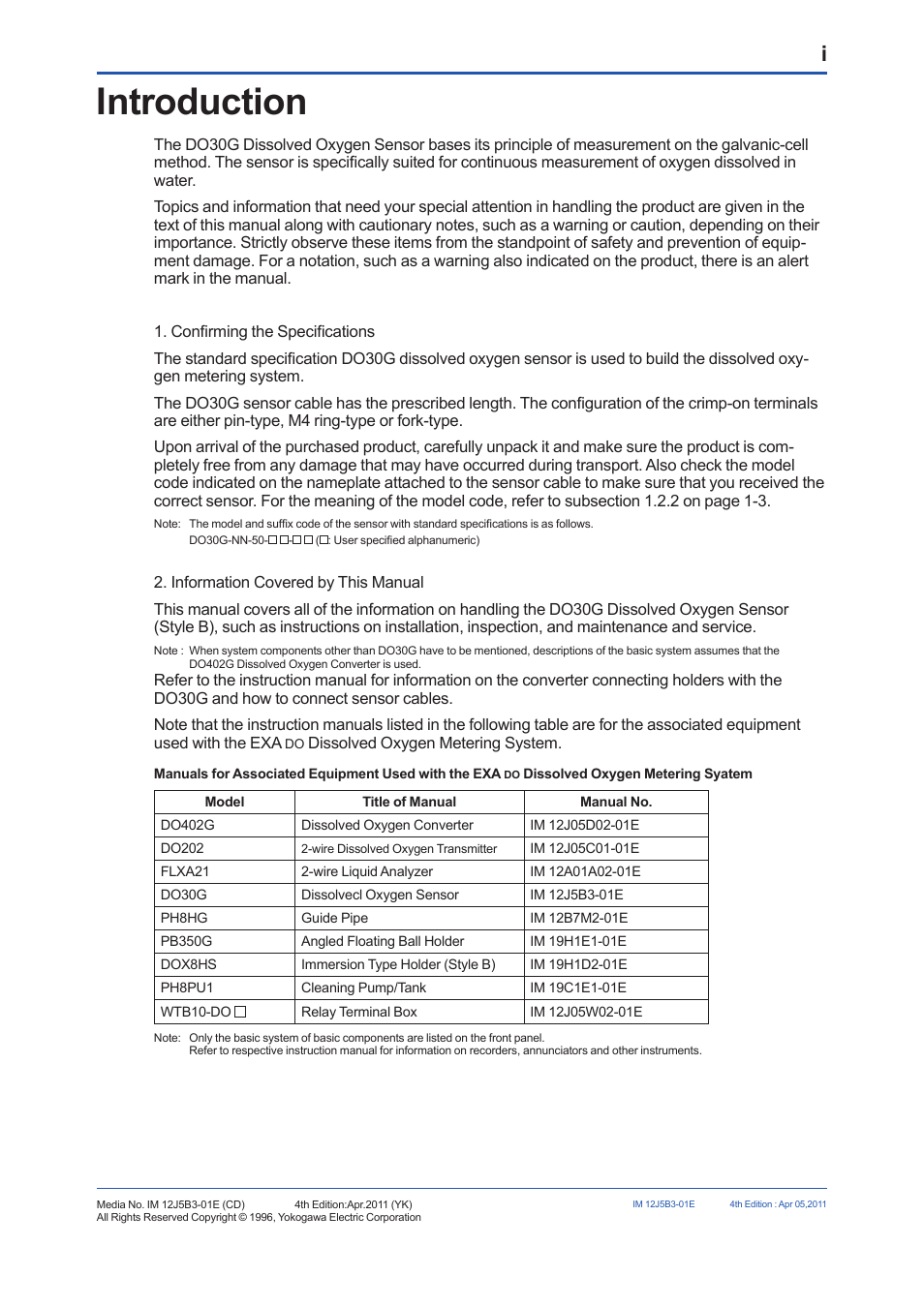 U for the safe use of this equipment, Introduction | Yokogawa DO30G Dissolved Oxygen Sensor User Manual | Page 2 / 29