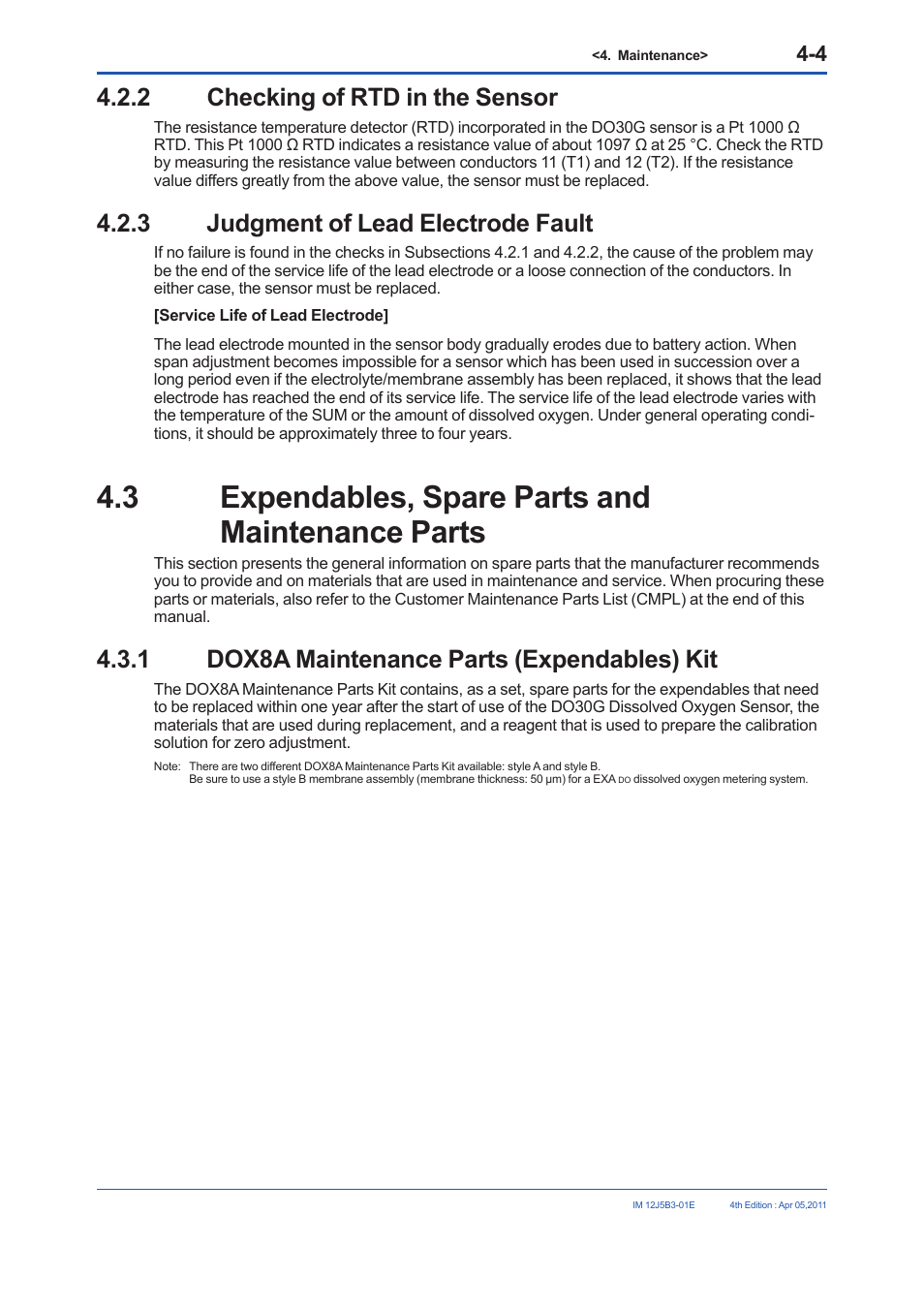 2 parts that should be kept on hand, 3 expendables, spare parts and maintenance parts, 2 checking of rtd in the sensor | 3 judgment of lead electrode fault, 1 dox8a maintenance parts (expendables) kit | Yokogawa DO30G Dissolved Oxygen Sensor User Manual | Page 21 / 29