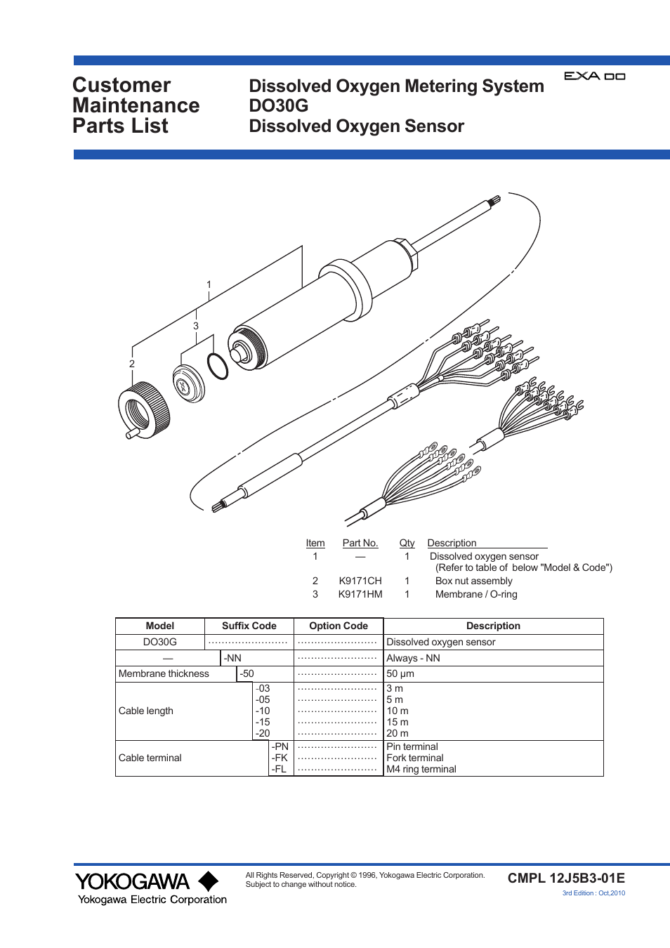 Cmpl(do30g), Customer maintenance parts list | Yokogawa DO30G Dissolved Oxygen Sensor User Manual | Page 26 / 29