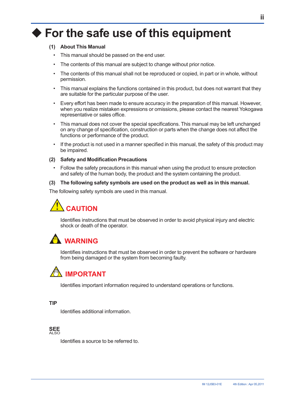 U after-sales warranty, Ufor the safe use of this equipment, Caution | Warning, Important | Yokogawa DO30G Dissolved Oxygen Sensor User Manual | Page 3 / 29