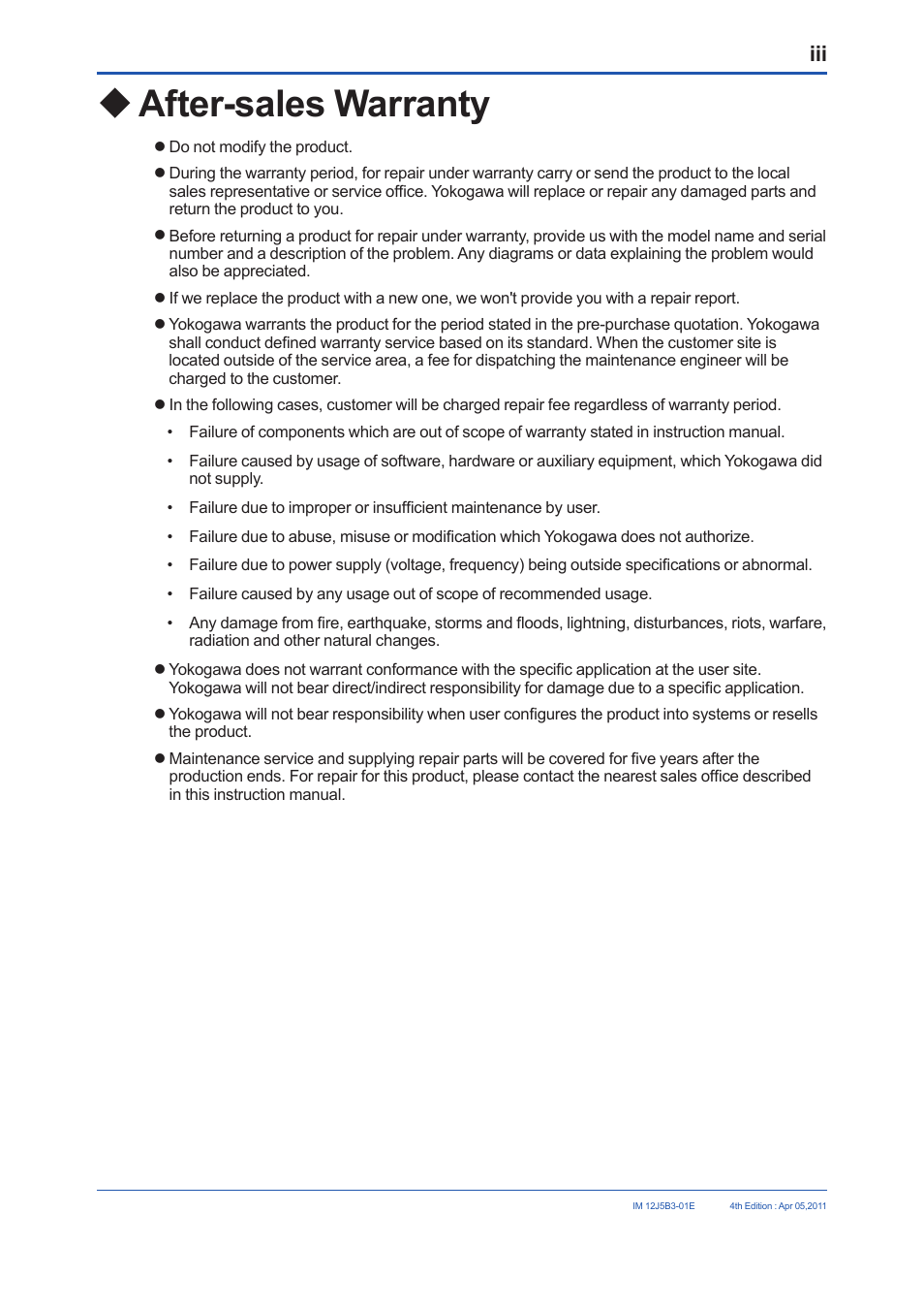 Uafter-sales warranty | Yokogawa DO30G Dissolved Oxygen Sensor User Manual | Page 4 / 29