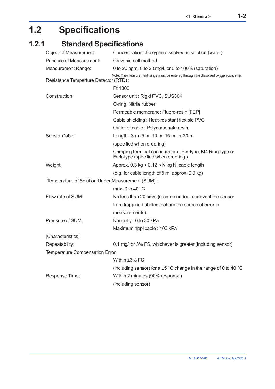 2 model and suffix codes, 2 specifications, 1 standard specifications | Yokogawa DO30G Dissolved Oxygen Sensor User Manual | Page 9 / 29