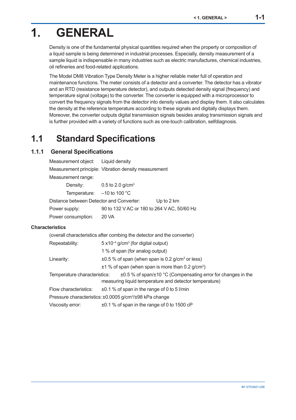 General, 1 standard specifications, 1 general specifications | 1 standard, Specifi cations -1, 1 general, 1 standard specifi cations | Yokogawa DM8C/VD6 Liquid Density Analyzer User Manual | Page 11 / 64