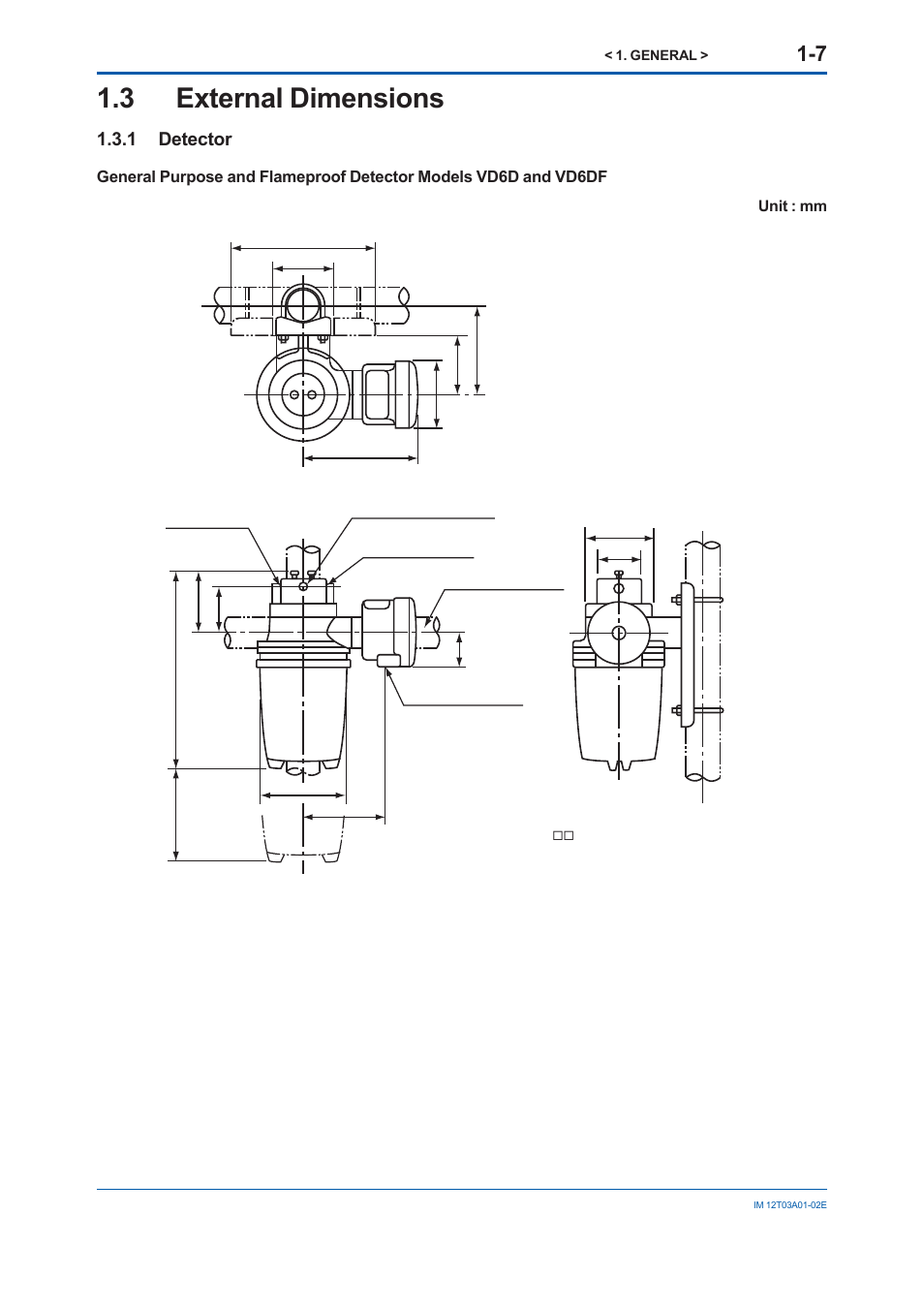3 external dimensions, 1 detector, 3 external | Dimensions | Yokogawa DM8C/VD6 Liquid Density Analyzer User Manual | Page 17 / 64