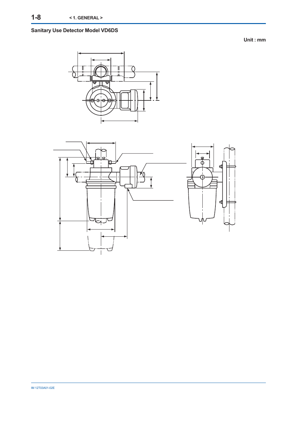 Sanitary use detector model vd6ds unit : mm | Yokogawa DM8C/VD6 Liquid Density Analyzer User Manual | Page 18 / 64
