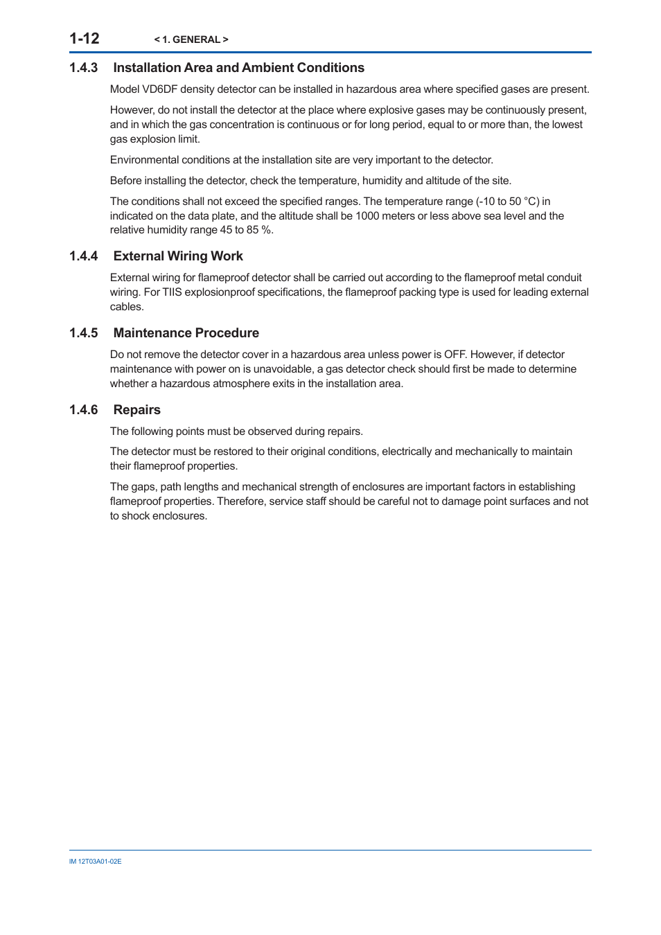 3 installation area and ambient conditions, 4 external wiring work, 5 maintenance procedure | 6 repairs, Installation area and ambient conditions -12, External wiring work -12, 5 maintenance, Procedure | Yokogawa DM8C/VD6 Liquid Density Analyzer User Manual | Page 22 / 64