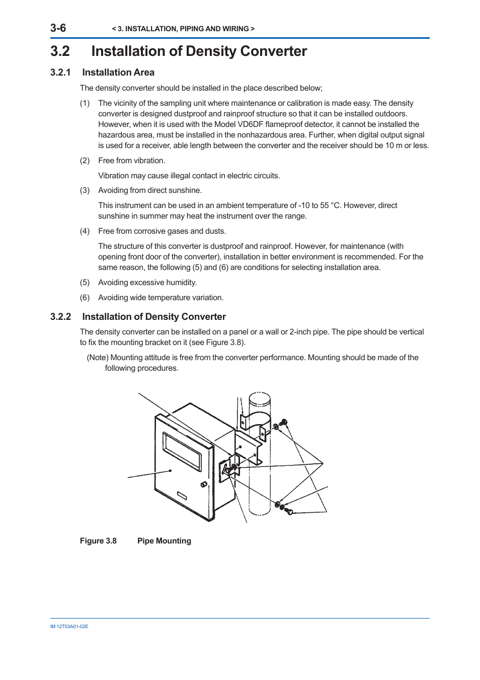 2 installation of density converter, 1 installation area, Area -6 | Installation of density converter -6 | Yokogawa DM8C/VD6 Liquid Density Analyzer User Manual | Page 32 / 64