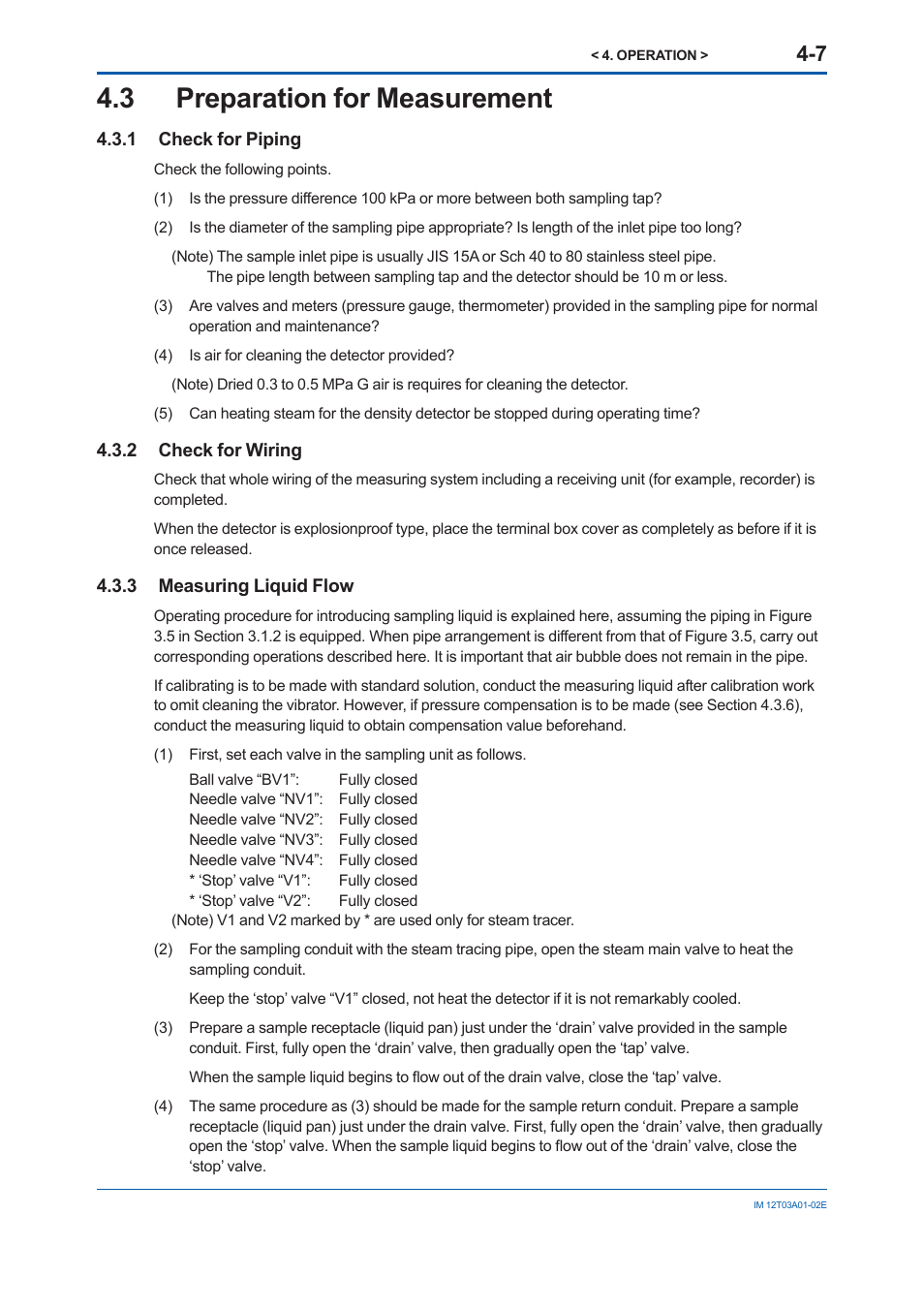 3 preparation for measurement, 1 check for piping, 2 check for wiring | 3 measuring liquid flow, Preparation for measurement -7 4.3.1, Check for piping -7, Check for wiring -7, Measuring liquid flow -7 | Yokogawa DM8C/VD6 Liquid Density Analyzer User Manual | Page 49 / 64
