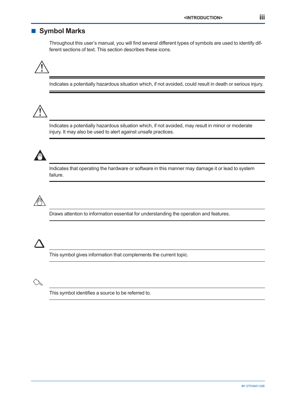 Symbol marks, Warning, Caution | Important | Yokogawa DM8C/VD6 Liquid Density Analyzer User Manual | Page 5 / 64