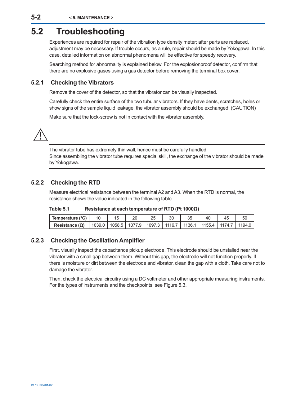 2 troubleshooting, 1 checking the vibrators, 2 checking the rtd | 3 checking the oscillation amplifier, Checking the vibrators -2, Checking the rtd -2, Checking the oscillation amplifi er -2, Caution | Yokogawa DM8C/VD6 Liquid Density Analyzer User Manual | Page 56 / 64