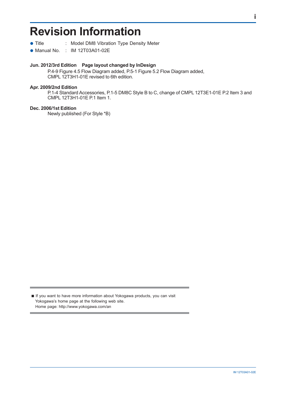 Revision information | Yokogawa DM8C/VD6 Liquid Density Analyzer User Manual | Page 63 / 64