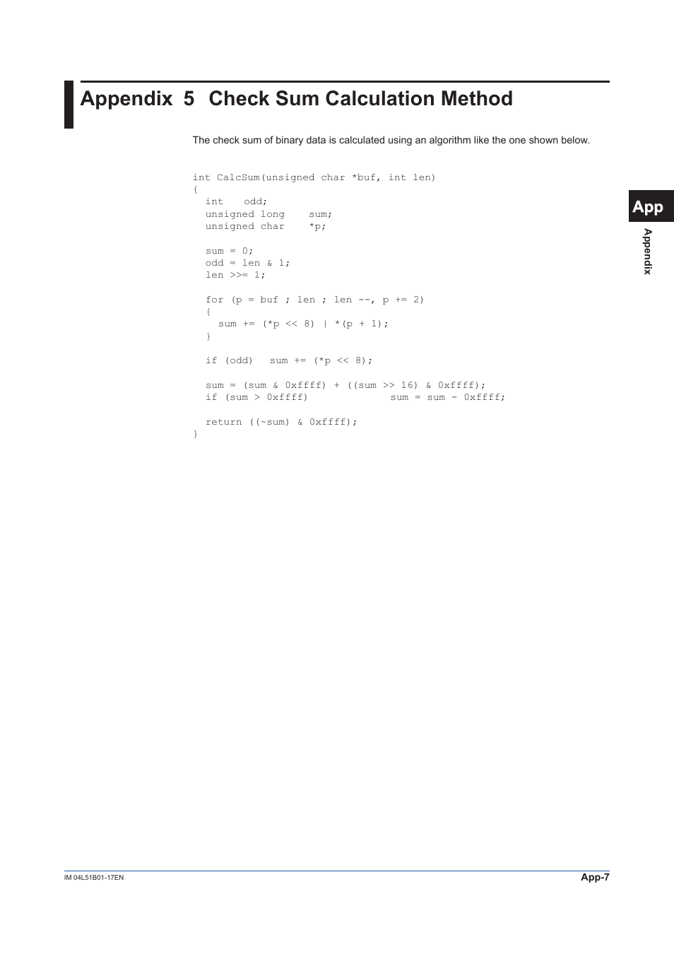 Appendix 5 check sum calculation method, Appendix 5, Check sum calculation method | 12 app | Yokogawa Touch Screen GP20 User Manual | Page 109 / 110
