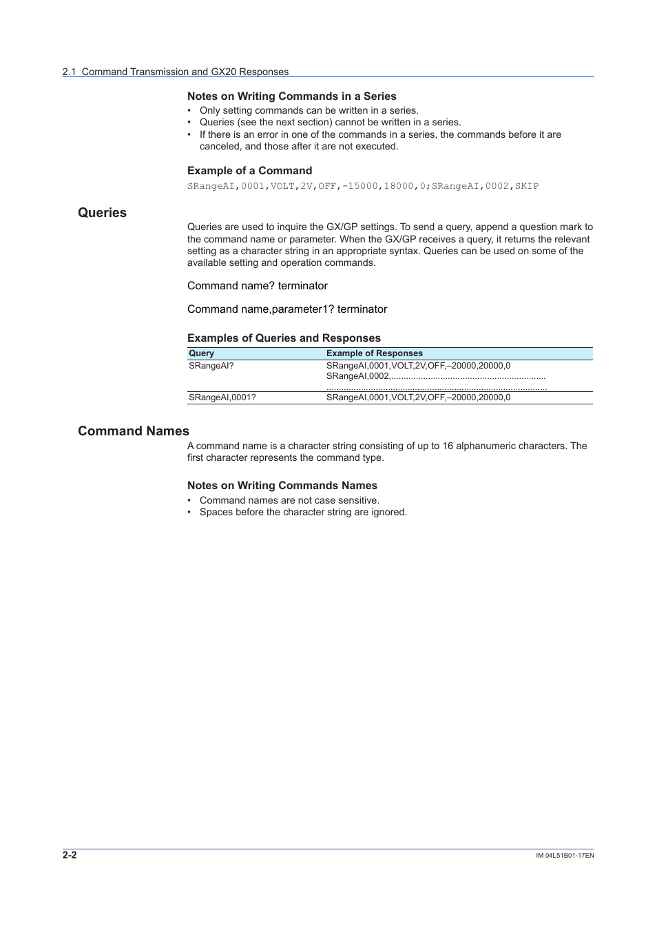 Queries, Command names | Yokogawa Touch Screen GP20 User Manual | Page 16 / 110