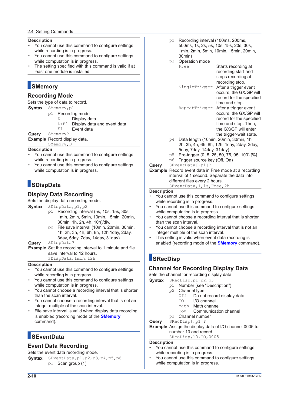 Sdispdata display data recording, Seventdata event data recording, Srecdisp channel for recording display data | Yokogawa Touch Screen GP20 User Manual | Page 24 / 110