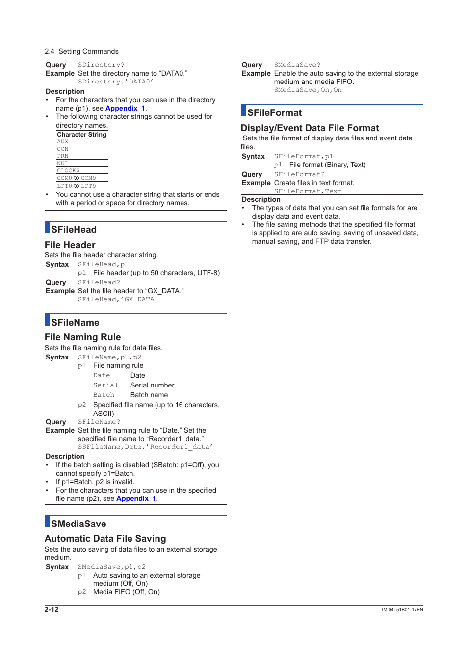 Sfilehead file header, Sfilename file naming rule, Smediasave automatic data file saving | Sfileformat display/event data file format | Yokogawa Touch Screen GP20 User Manual | Page 26 / 110