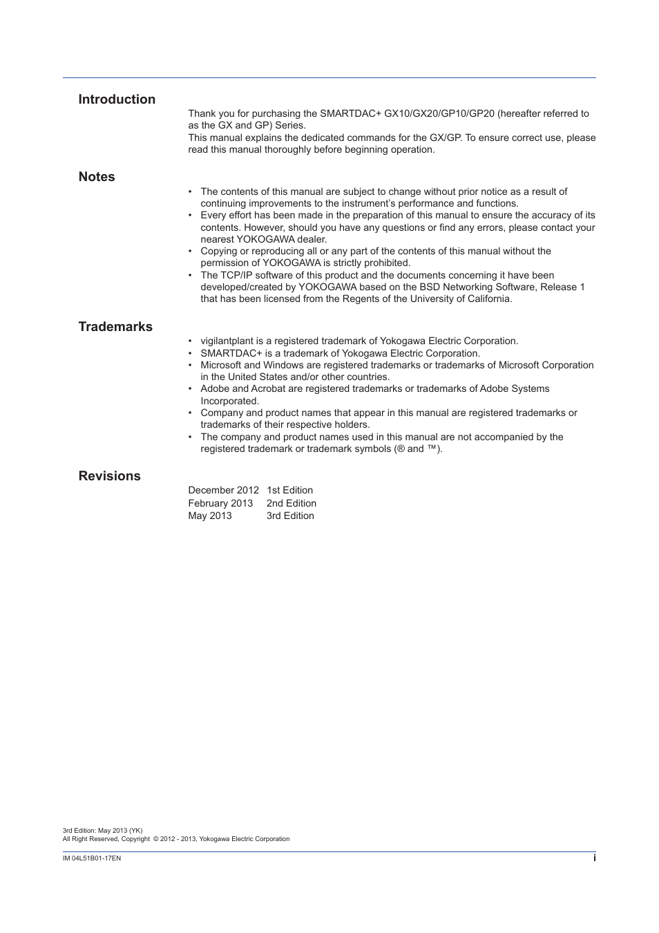 Introduction, Trademarks, Revisions | Yokogawa Touch Screen GP20 User Manual | Page 3 / 110