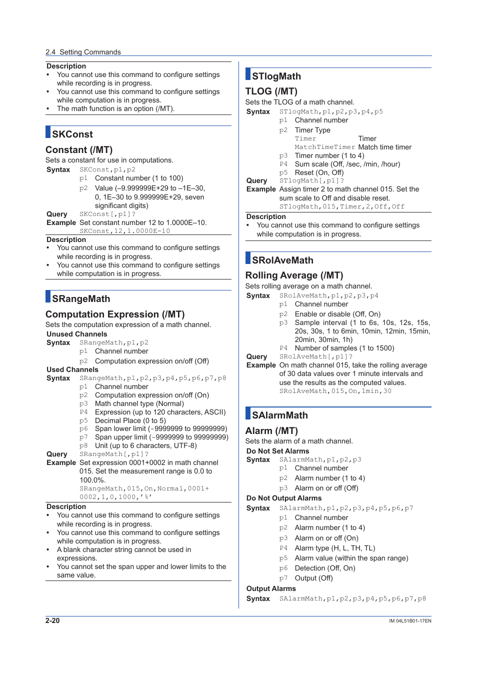 Skconst constant (/mt), Srangemath computation expression (/mt), Stlogmath tlog (/mt) | Srolavemath rolling average (/mt), Salarmmath alarm (/mt) | Yokogawa Touch Screen GP20 User Manual | Page 34 / 110