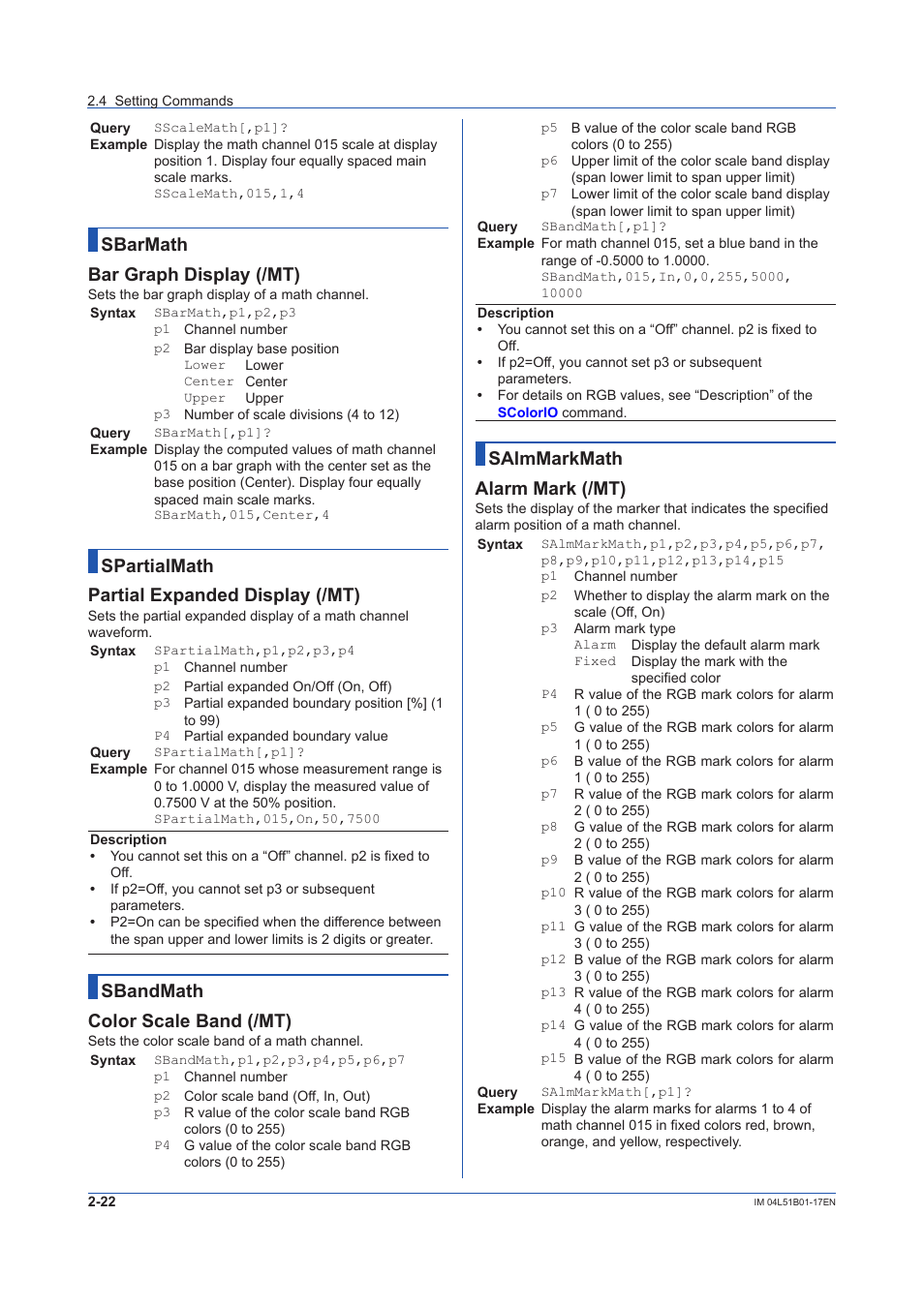 Sbarmath bar graph display (/mt), Spartialmath partial expanded display (/mt), Sbandmath color scale band (/mt) | Salmmarkmath alarm mark (/mt) | Yokogawa Touch Screen GP20 User Manual | Page 36 / 110