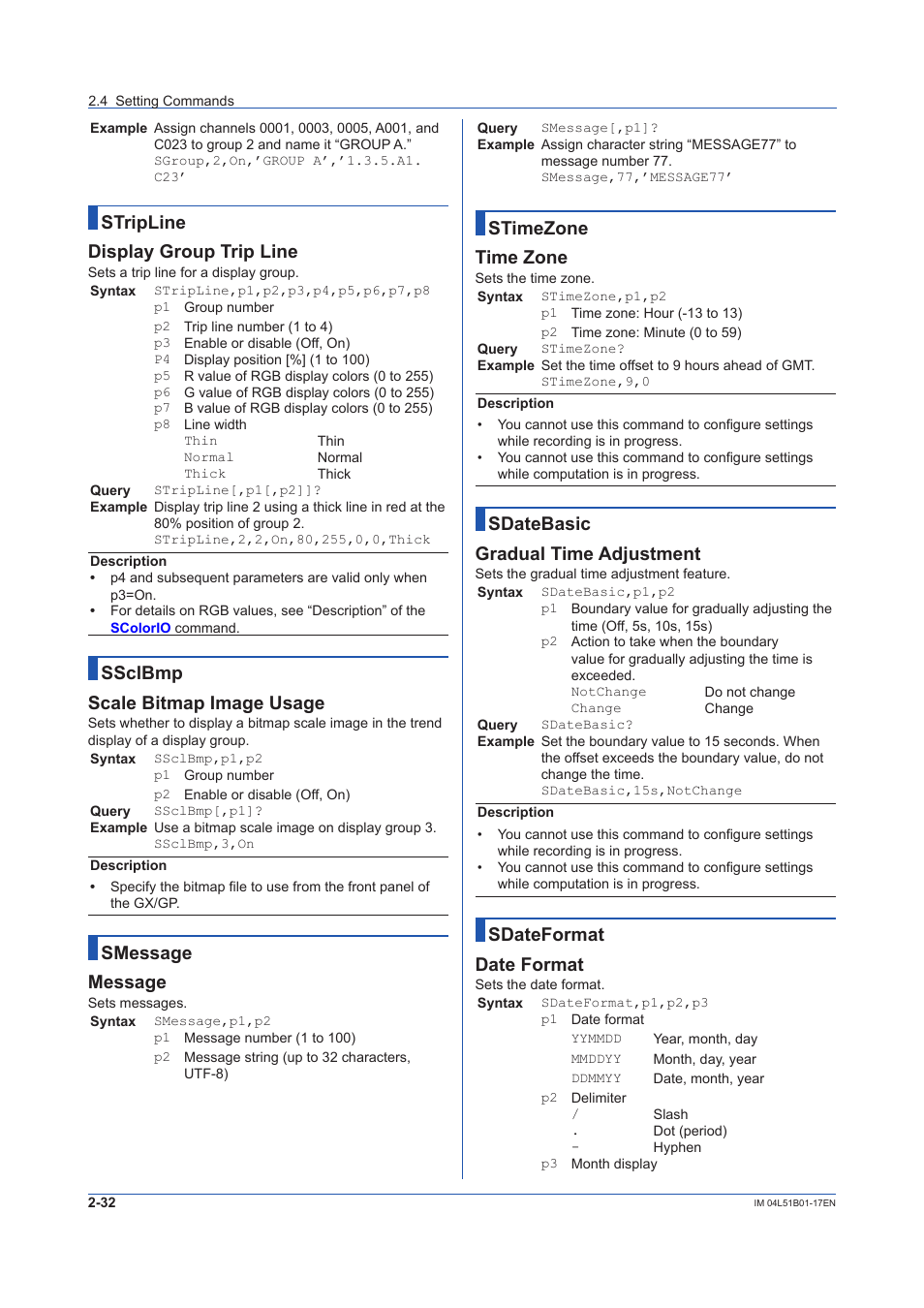 Stripline display group trip line, Ssclbmp scale bitmap image usage, Smessage message | Stimezone time zone, Sdatebasic gradual time adjustment, Sdateformat date format | Yokogawa Touch Screen GP20 User Manual | Page 46 / 110