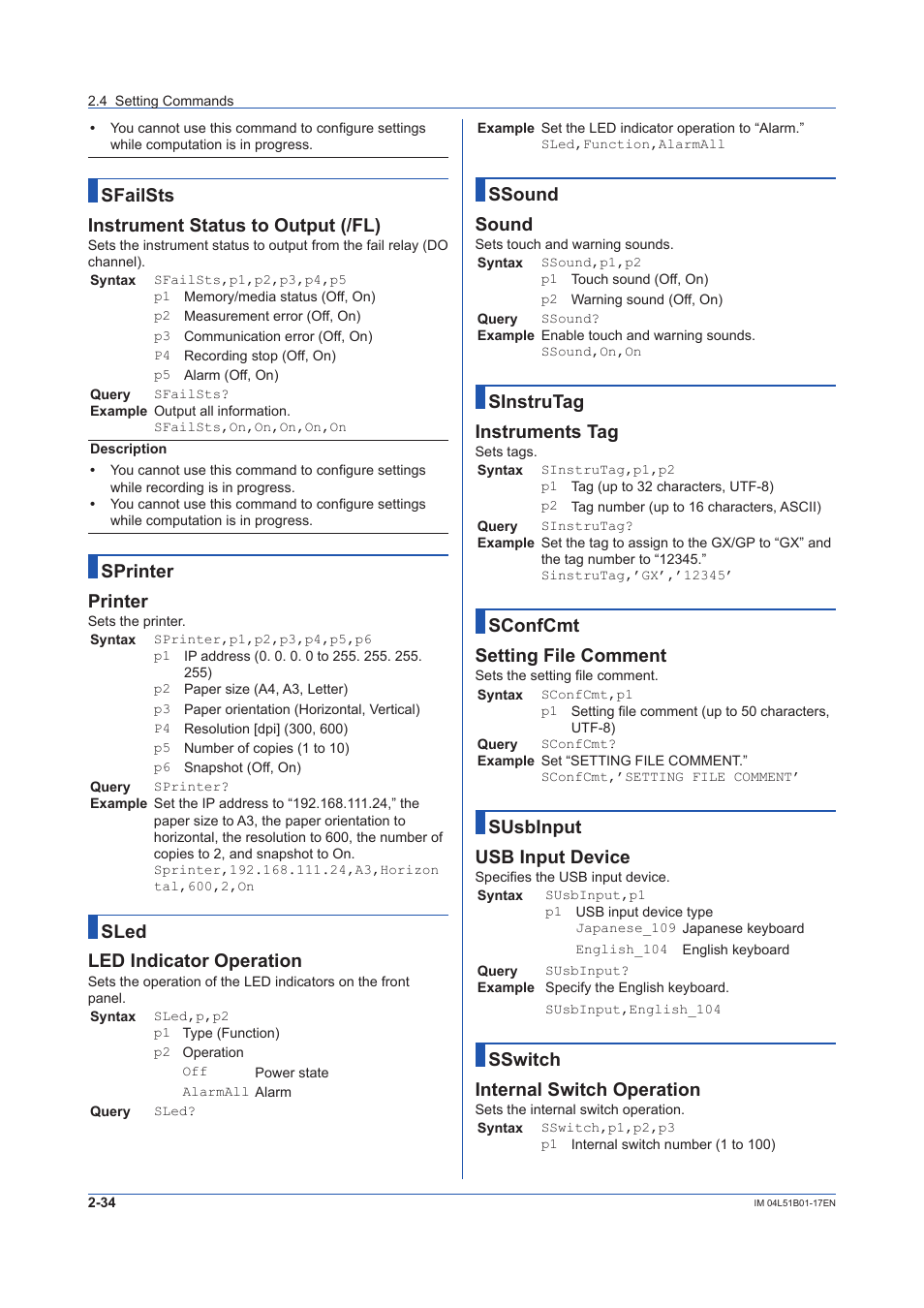 Sfailsts instrument status to output (/fl), Sprinter printer, Sled led indicator operation | Ssound sound, Sinstrutag instruments tag, Sconfcmt setting file comment, Susbinput usb input device, Sswitch internal switch operation | Yokogawa Touch Screen GP20 User Manual | Page 48 / 110