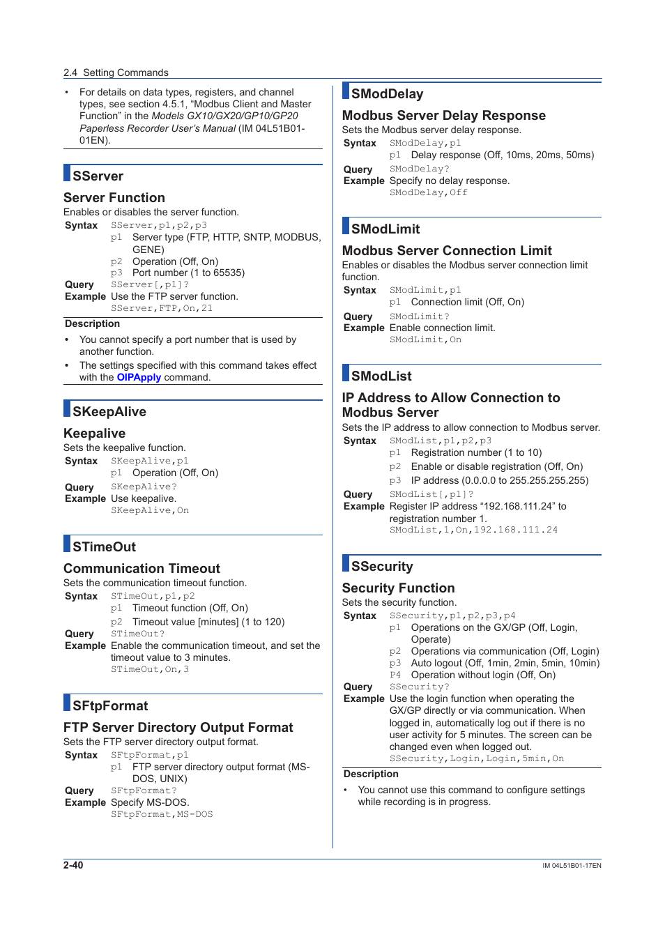 Format, Sserver server function, Skeepalive keepalive | Stimeout communication timeout, Sftpformat ftp server directory output format, Smoddelay modbus server delay response, Smodlimit modbus server connection limit, Ssecurity security function | Yokogawa Touch Screen GP20 User Manual | Page 54 / 110