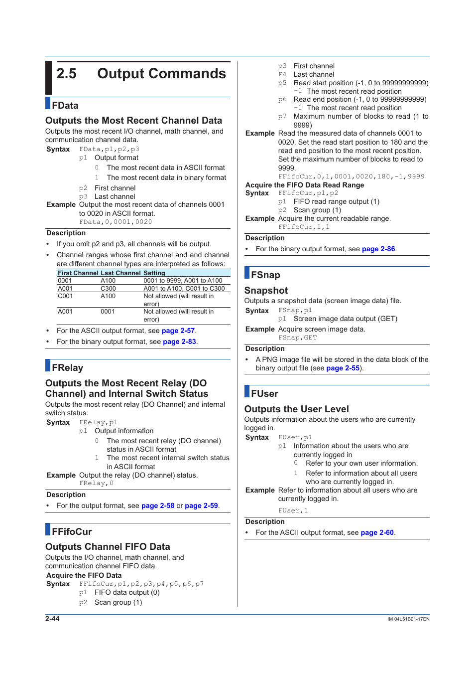 5 output commands, Output commands -44, Fdata outputs the most recent channel data | Ffifocur outputs channel fifo data, Fsnap snapshot, Fuser outputs the user level | Yokogawa Touch Screen GP20 User Manual | Page 58 / 110