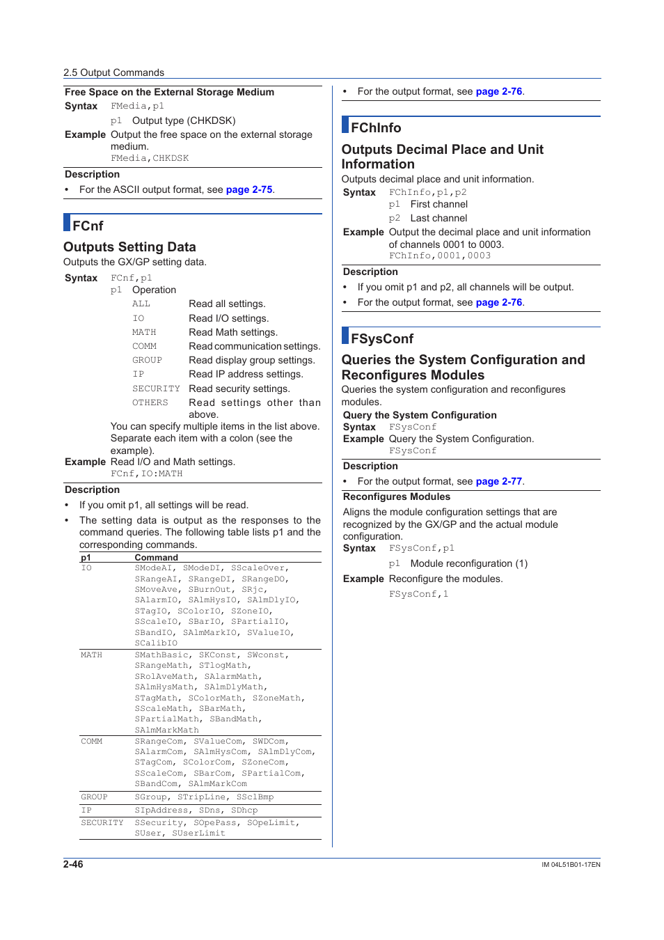 Fcnf outputs setting data, Fchinfo outputs decimal place and unit information | Yokogawa Touch Screen GP20 User Manual | Page 60 / 110
