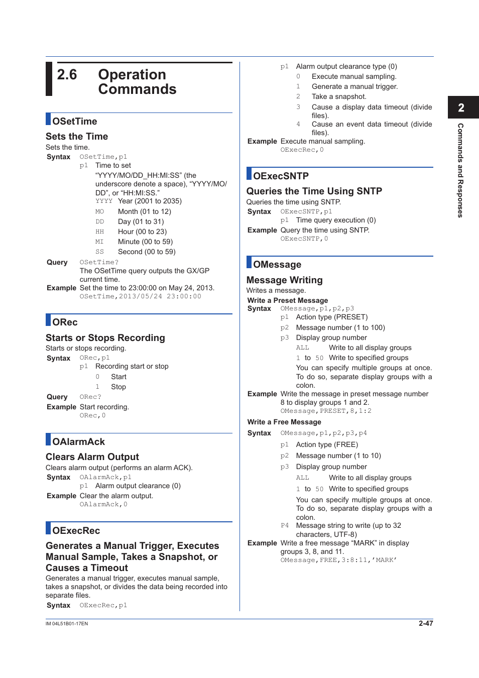 6 operation commands, Operation commands -47, 12 app | Osettime sets the time, Orec starts or stops recording, Oalarmack clears alarm output, Oexecsntp queries the time using sntp, Omessage message writing | Yokogawa Touch Screen GP20 User Manual | Page 61 / 110