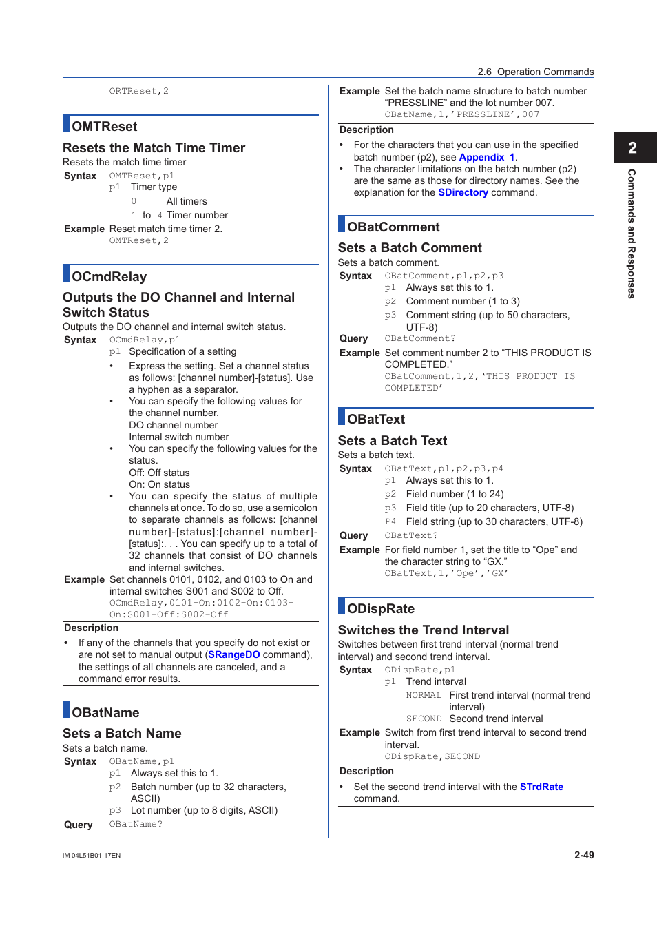 12 app, Omtreset resets the match time timer, Obatname sets a batch name | Obatcomment sets a batch comment, Obattext sets a batch text, Odisprate switches the trend interval | Yokogawa Touch Screen GP20 User Manual | Page 63 / 110